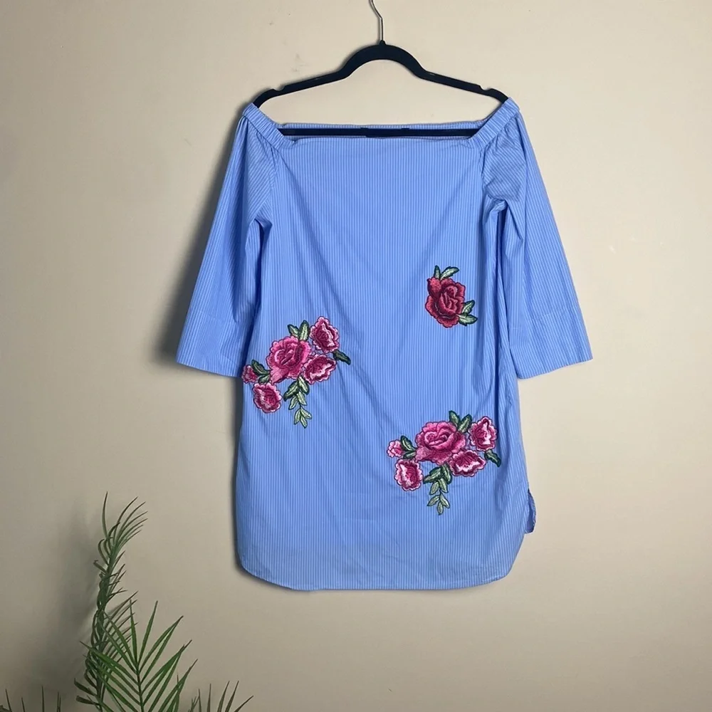 Zara Sky Blue White Stripe Off Shoulder Floral Rose Embroidery Poplin Mini Dress - Picture 3 of 7